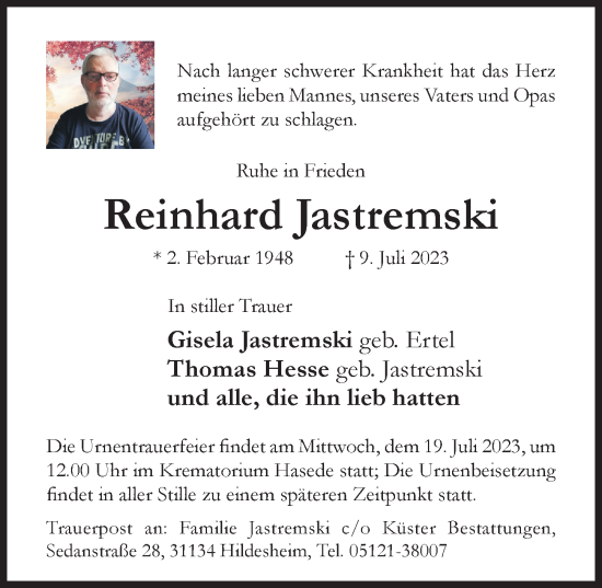 Traueranzeige von Reinhard Jastremski von Hildesheimer Allgemeine Zeitung