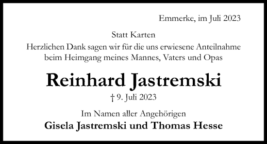 Traueranzeige von Reinhard Jastremski von Hildesheimer Allgemeine Zeitung