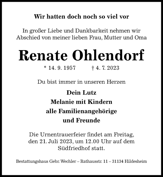 Traueranzeige von Renate Ohlendorf von Hildesheimer Allgemeine Zeitung