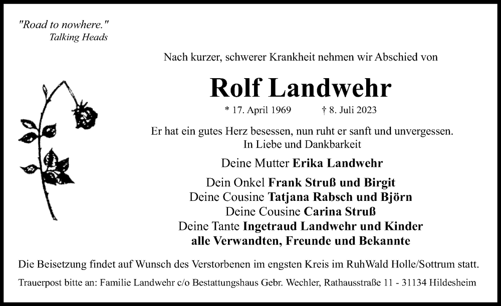  Traueranzeige für Rolf Landwehr vom 22.07.2023 aus Hildesheimer Allgemeine Zeitung