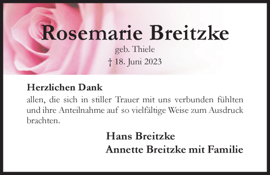 Traueranzeige von Rosemarie Breitzke von Hildesheimer Allgemeine Zeitung