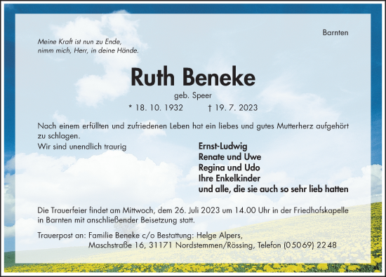 Traueranzeige von Ruth Beneke von Hildesheimer Allgemeine Zeitung