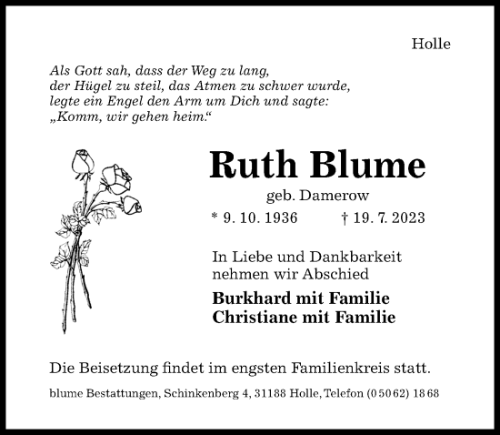 Traueranzeige von Ruth Blume von Hildesheimer Allgemeine Zeitung