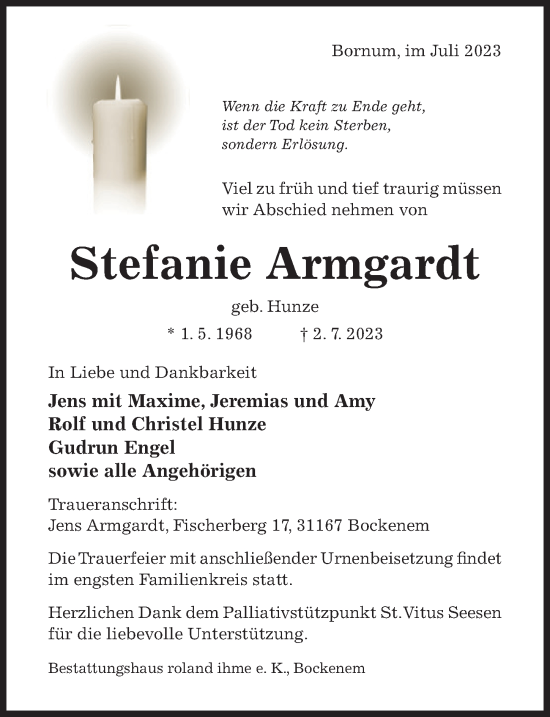 Traueranzeige von Stefanie Armgardt von Hildesheimer Allgemeine Zeitung