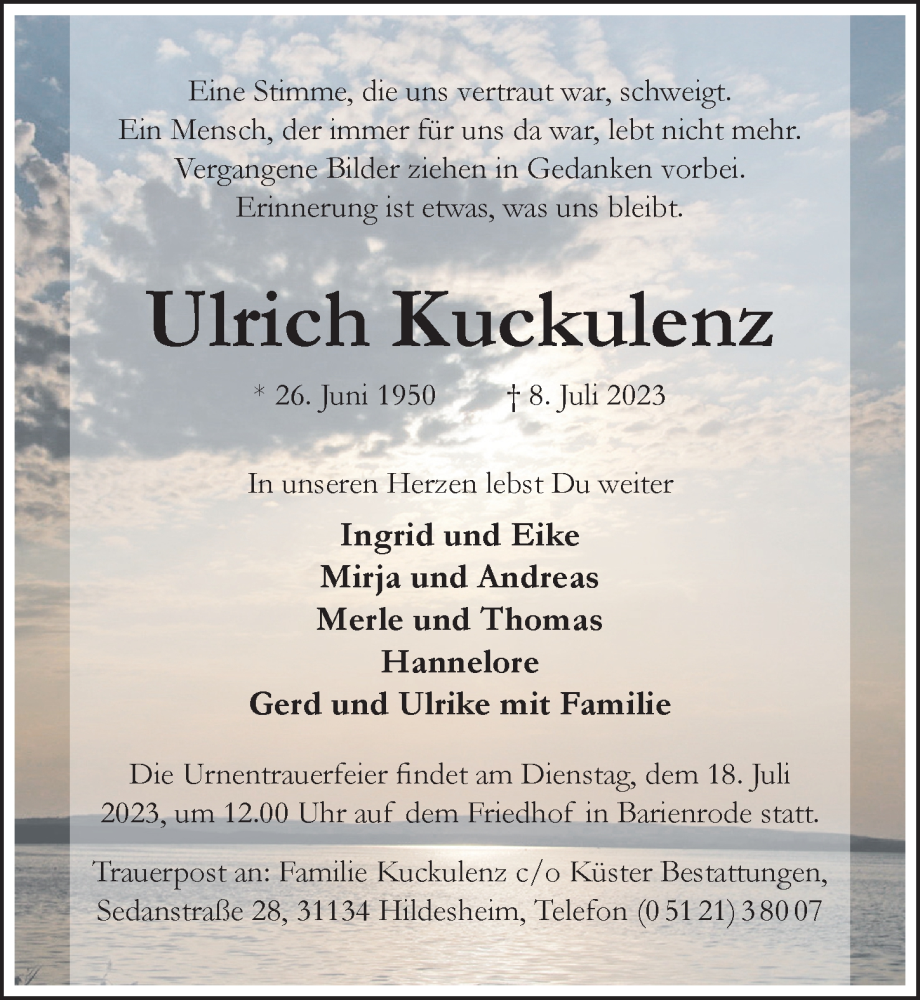  Traueranzeige für Ulrich Kuckulenz vom 12.07.2023 aus Hildesheimer Allgemeine Zeitung