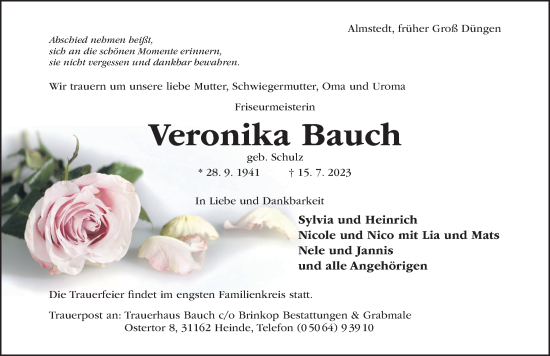 Traueranzeige von Veronika Bauch von Hildesheimer Allgemeine Zeitung