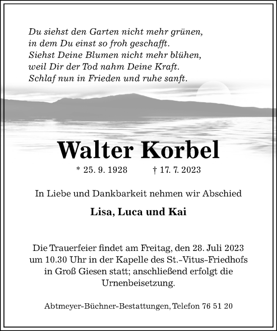 Traueranzeige von Walter Korbel von Hildesheimer Allgemeine Zeitung