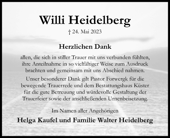 Traueranzeige von Willi Heidelberg von Hildesheimer Allgemeine Zeitung