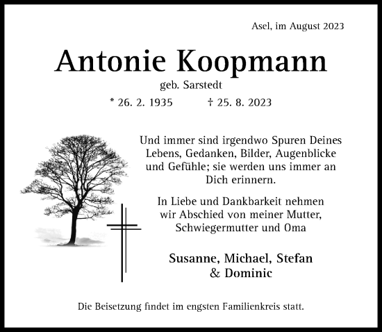 Traueranzeige von Antonie Koopmann von Hildesheimer Allgemeine Zeitung