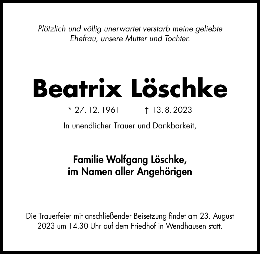  Traueranzeige für Beatrix Löschke vom 21.08.2023 aus Hildesheimer Allgemeine Zeitung