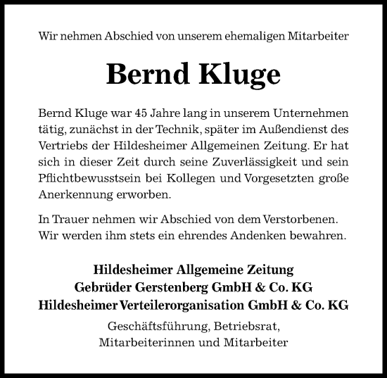 Traueranzeige von Bernd Kluge von Hildesheimer Allgemeine Zeitung