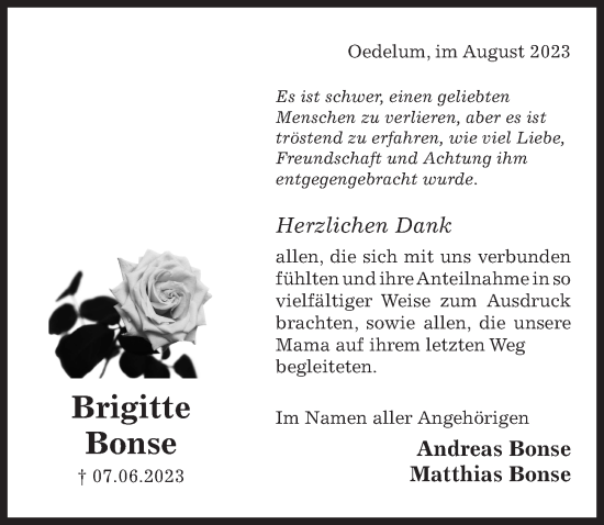 Traueranzeige von Brigitte Bonse von Hildesheimer Allgemeine Zeitung