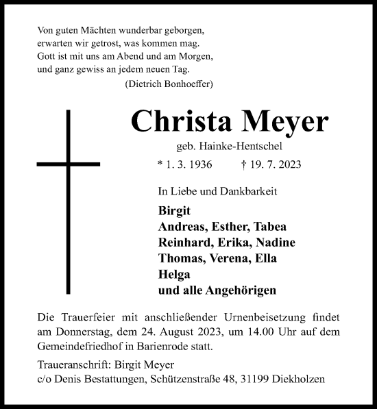 Traueranzeige von Christa Meyer von Hildesheimer Allgemeine Zeitung