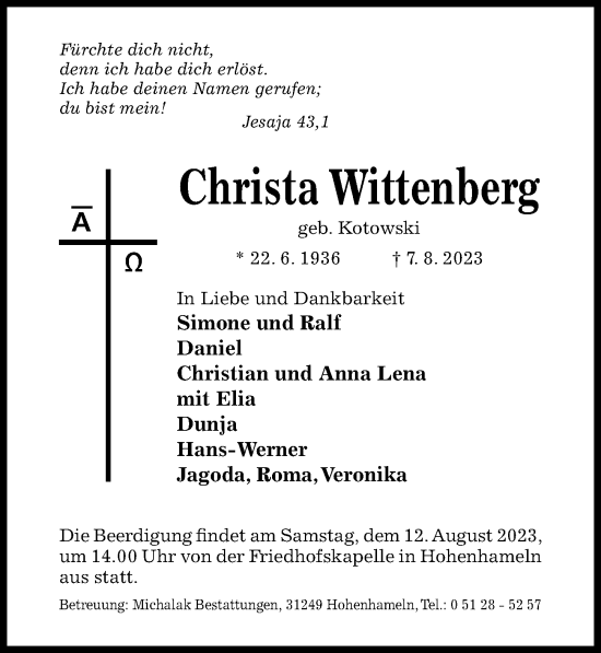 Traueranzeige von Christa Wittenberg von Hildesheimer Allgemeine Zeitung