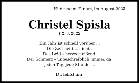 Traueranzeige von Christel Spisla von Hildesheimer Allgemeine Zeitung