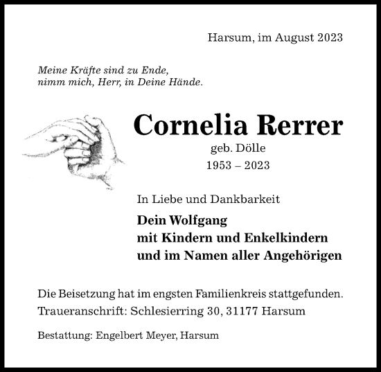 Traueranzeige von Cornelia Rerrer von Hildesheimer Allgemeine Zeitung