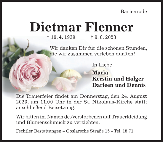 Traueranzeige von Dietmar Flenner von Hildesheimer Allgemeine Zeitung