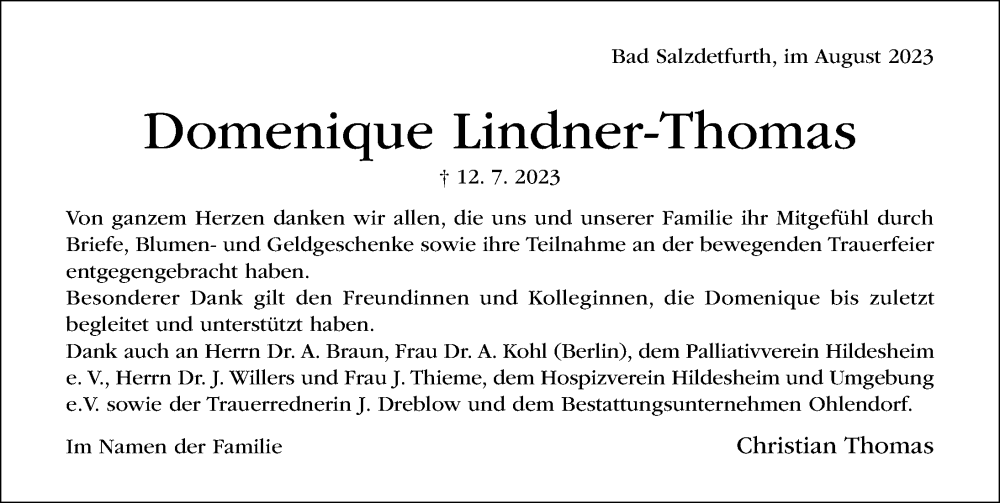  Traueranzeige für Domenique Lindner-Thomas vom 05.08.2023 aus Hildesheimer Allgemeine Zeitung