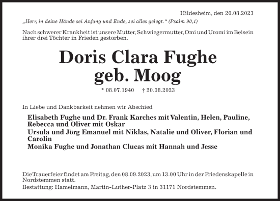 Traueranzeige von Doris Clara Fughe von Hildesheimer Allgemeine Zeitung