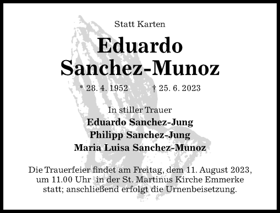 Traueranzeige von Eduardo Sanchez-Munoz von Hildesheimer Allgemeine Zeitung