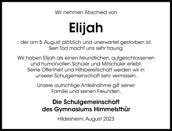 Traueranzeige von Elijah  von Hildesheimer Allgemeine Zeitung