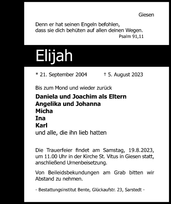 Traueranzeige von Elijah  von Hildesheimer Allgemeine Zeitung