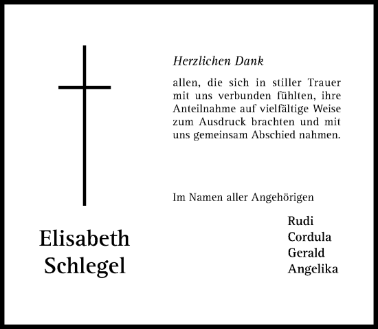 Traueranzeige von Elisabeth Schlegel von Hildesheimer Allgemeine Zeitung