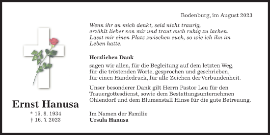 Traueranzeige von Ernst Hanusa von Hildesheimer Allgemeine Zeitung