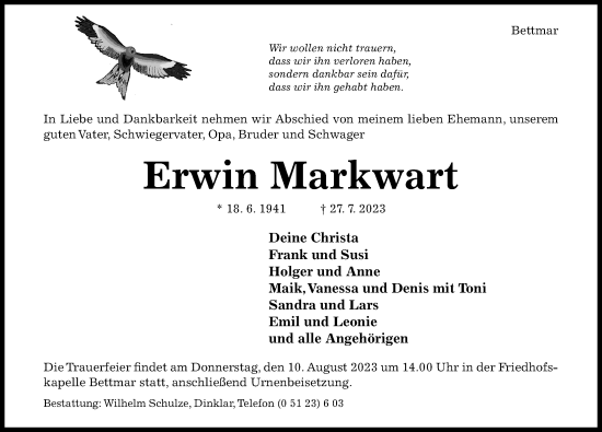 Traueranzeige von Erwin Markwart von Hildesheimer Allgemeine Zeitung