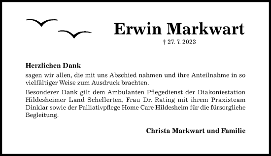 Traueranzeige von Erwin Markwart von Hildesheimer Allgemeine Zeitung