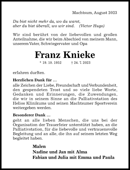 Traueranzeige von Franz Knieke von Hildesheimer Allgemeine Zeitung