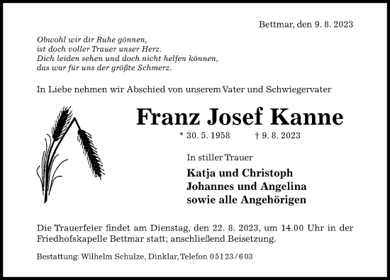 Traueranzeige von Franz Josef Kanne von Hildesheimer Allgemeine Zeitung