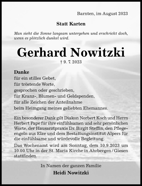 Traueranzeige von Gerhard Nowitzki von Hildesheimer Allgemeine Zeitung