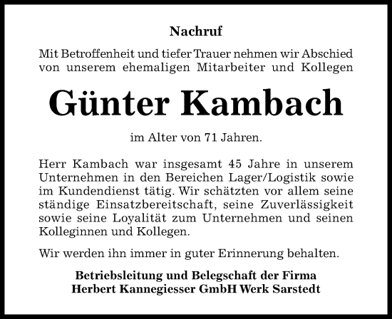 Traueranzeige von Günter Kambach von Hildesheimer Allgemeine Zeitung