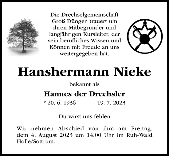 Traueranzeige von Hanshermann Nieke von Hildesheimer Allgemeine Zeitung