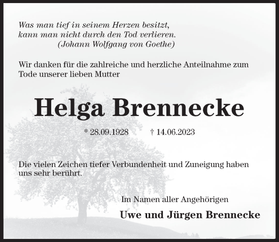 Traueranzeige von Helga Brennecke von Hildesheimer Allgemeine Zeitung