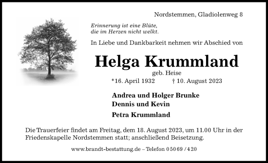 Traueranzeige von Helga Krummland von Hildesheimer Allgemeine Zeitung