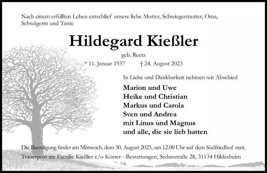 Traueranzeige von Hildegard Kießler von Hildesheimer Allgemeine Zeitung