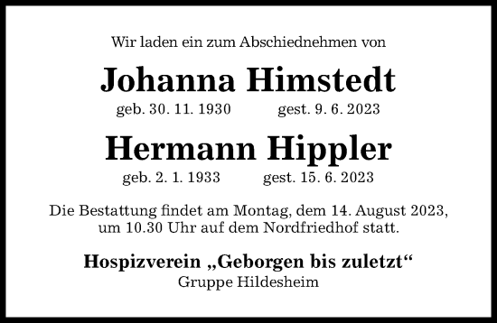 Traueranzeige von Johanna Himstedt von Hildesheimer Allgemeine Zeitung