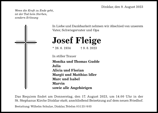 Traueranzeige von Josef Fleige von Hildesheimer Allgemeine Zeitung