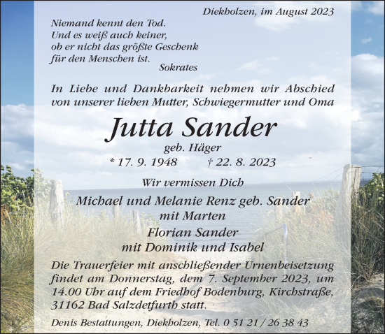 Traueranzeige von Jutta Sander von Hildesheimer Allgemeine Zeitung