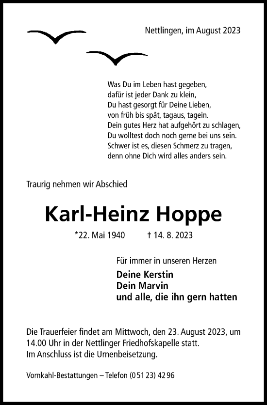 Traueranzeige von Karl-Heinz Hoppe von Hildesheimer Allgemeine Zeitung