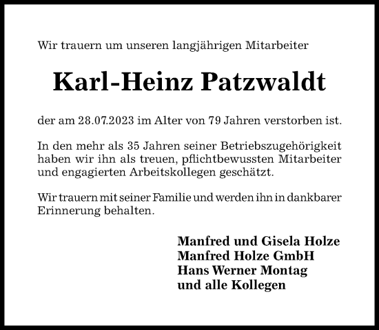 Traueranzeige von Karl-Heinz Patzwaldt von Hildesheimer Allgemeine Zeitung