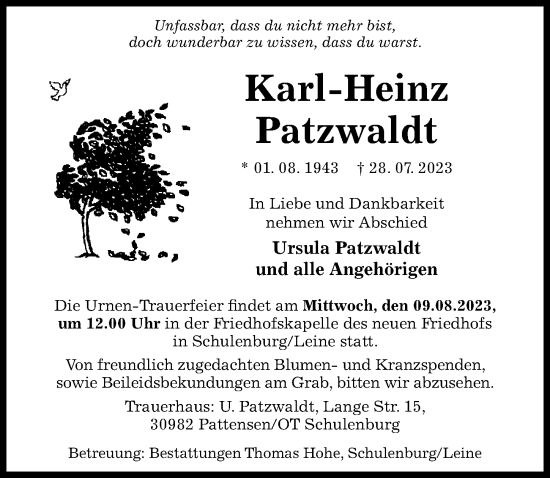 Traueranzeige von Karl-Heinz Patzwaldt von Hildesheimer Allgemeine Zeitung