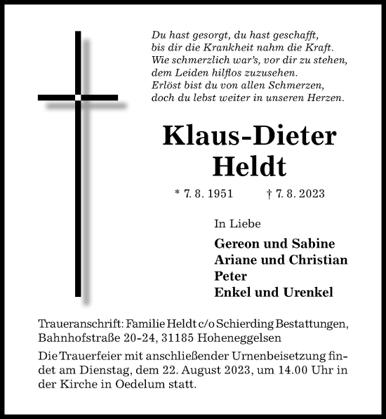 Traueranzeige von Klaus-Dieter Heldt von Hildesheimer Allgemeine Zeitung