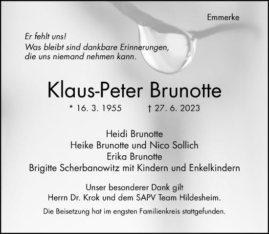 Traueranzeige von Klaus-Peter Brunotte von Hildesheimer Allgemeine Zeitung