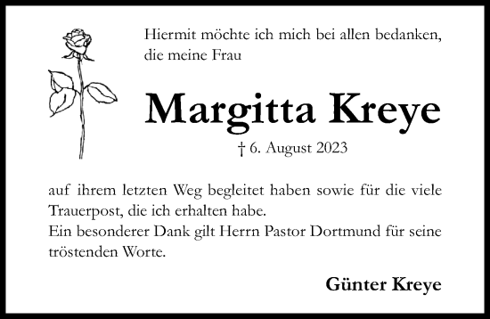 Traueranzeige von Margitta Kreye von Hildesheimer Allgemeine Zeitung