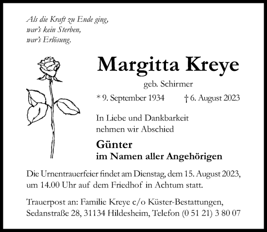 Traueranzeige von Margitta Kreye von Hildesheimer Allgemeine Zeitung