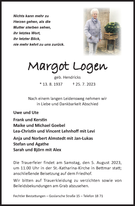 Traueranzeige von Margot Logen von Hildesheimer Allgemeine Zeitung