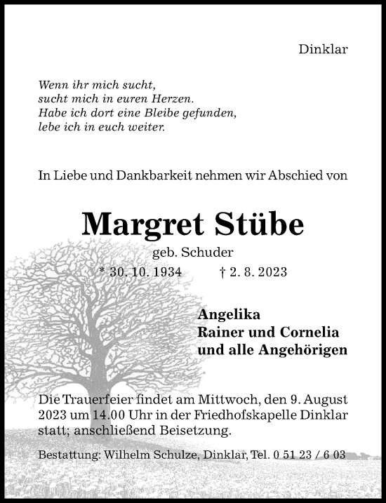 Traueranzeige von Margret Stübe von Hildesheimer Allgemeine Zeitung